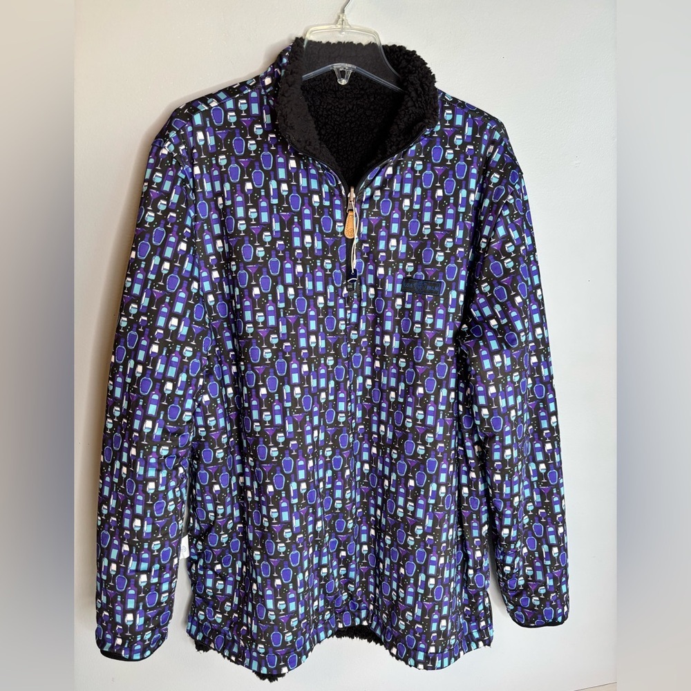 USA PALM REVERSIBLE BLACK SHERPA WITH WINE GLASS & SHAKER PRINT 1/4 ZIP PULLOVER